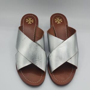Tory Burch Montrose Silver Metallic mirrored Silver criss-cross sandals. 